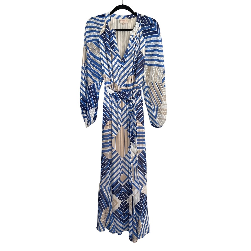 Ciebon Blue Geometric Chevron Stripe Maxi Dress Long Sleeve V-Neck Size M